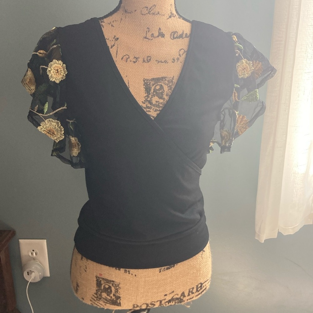 Sweet Lilac wrap front cropped blouse with embroidered lace sleeves